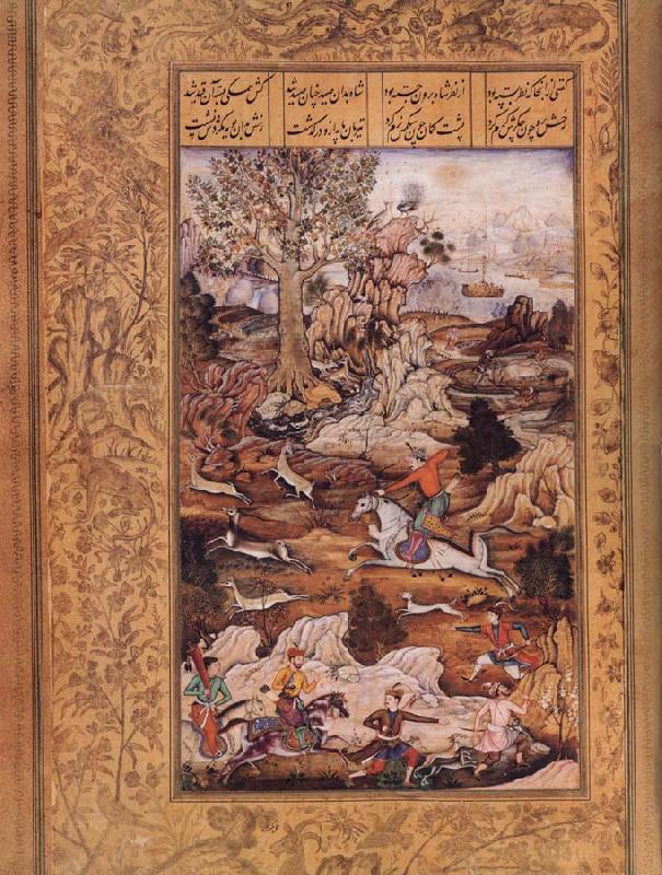 unknow artist Prince Faridun shotts an arrow at a gazelle,an allegory of the ray of divine light piercing the soul